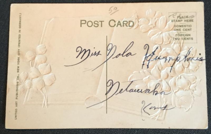 Postcard Unused w/writing on back “Many Happy Returns” embossed Flowers LB