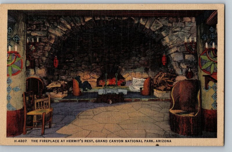 Fireplace at Hermit's Rest Grand Canyon Park H4207 Fred Harvey Arizona Postcard