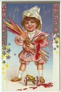 July 4th Girl Holding Firecrackers Stars Anchor Cannon Postcard