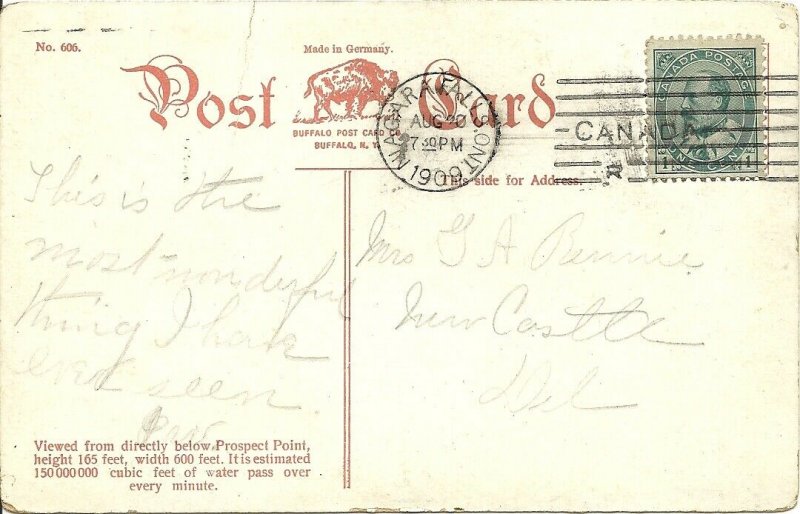 1909 ANTIQUE Postcard - American Fall, Niagara Falls - POSTED - CANADA POSTAGE