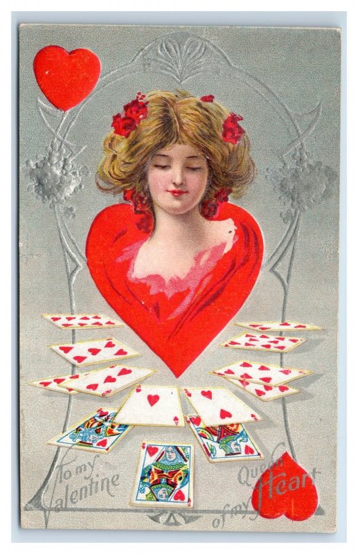 C. 1910 Queen Of Hearts Lovely Playing Cards Valentine's Day Postcard P219