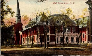Postcard NY Rome High School & Church Pub. Utica Paper Co Rome Series ~1910 V146