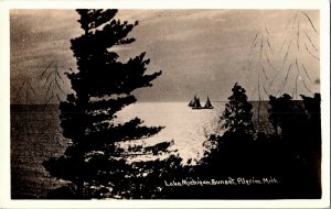 RPPC Sailboats on Lake Michigan at Sunset Pilgrim MI Vintage Postcard F41