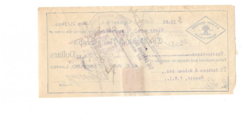 1934 A E Wry Standard, Sackville New Brunswick, Cheque w Postage Stamp, Souris