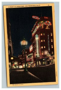 Vintage 1930's Postcard Chinatown at Night Neon Signs San Francisco California