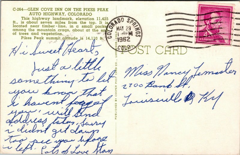 Vtg 1960s Glen Cove Inn Pikes Peak Auto Highway Colorado CO Unused Postcard