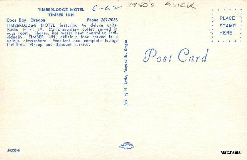 Timberlodge Motel Timber Inn 1950's Buick H Royle postcard 6782