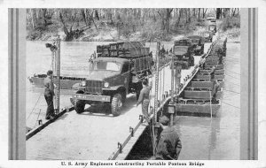 US Army Engineers Construct Pontoon Bridge Truck Convoy WWII 1944 postcard