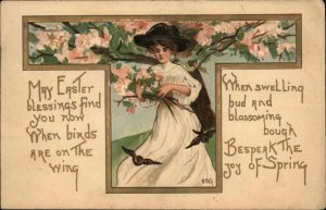 HBG Easter Beautiful Woman Gathers Flowers c1910 Vintage Postcard