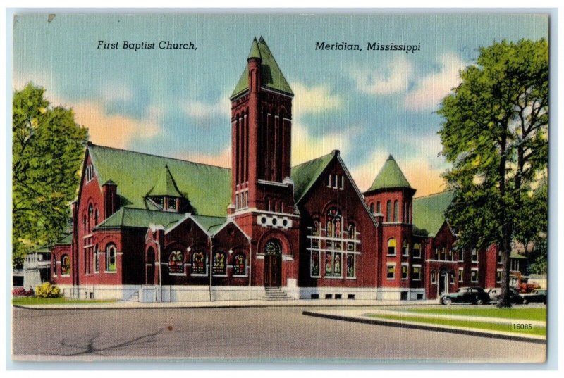 c1940 First Baptist Church Road Exterior Building Meridian Mississippi Postcard