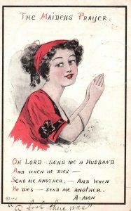 Vintage Postcard 1916 Maiden Prayers Pretty Lady Red Dress & Head Band Curly