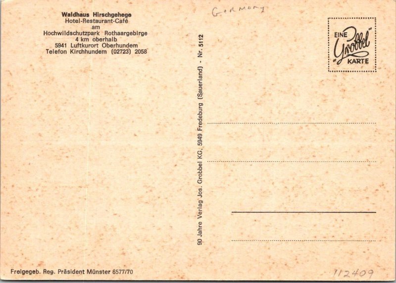 Germany, ROTHAARGEBIRGE NATURE PARK Hotel~Restaurant DEER ENCLOSURE 4X6 Postcard