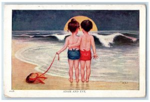 c1910's Sweet Little Sweetheart Adam And Eve Hat At The Beach Sunset Postcard 
