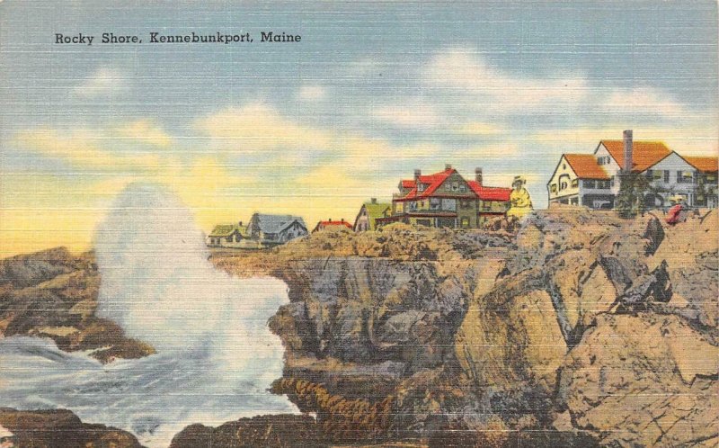 KENNEBUNKPORT, Maine ME   ROCKY SHORE  Large Homes & Waves  ca1940's Postcard