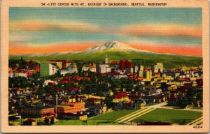 Vtg Seattle Washington City Center with Mt Rainier in Background 1930s Postcard