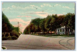 1911 West Forth Street Railway Intersection Lined Trees Waterloo Iowa Postcard