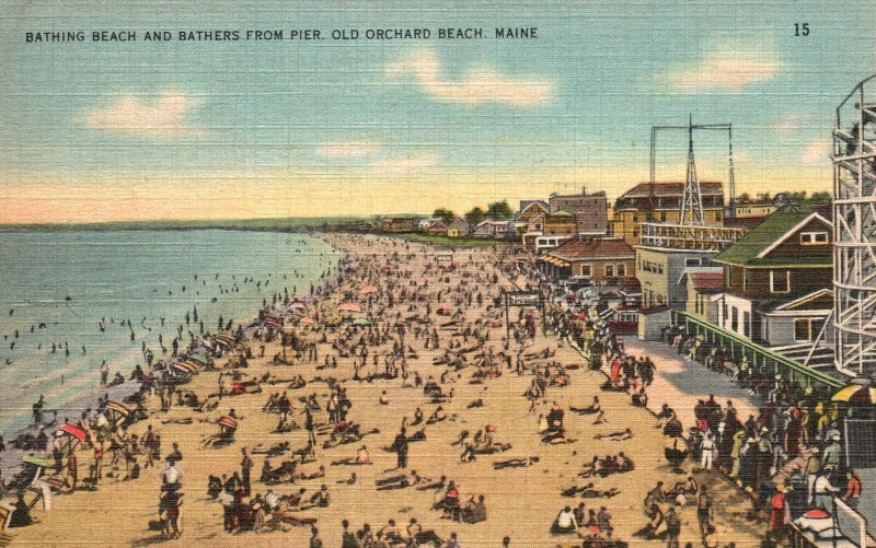 Vintage Postcard 1945 Bathing Beach & Bathers From Pier Old Orchard Beach Maine