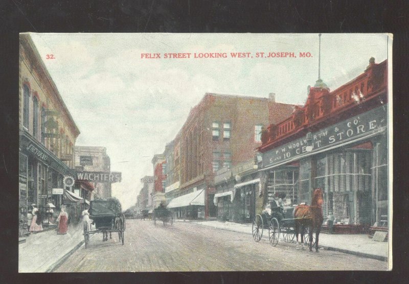 SAINT ST. JOSEPH MISSOURI DOWNTOWN STREET SCENE HORSE & BUGGY OLD POSTCARD