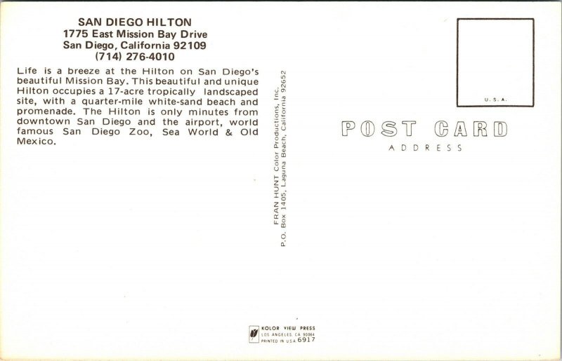 San Diego Hilton California CA Aerial View Postcard UNP VTG Unused Vintage 