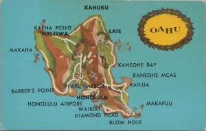 Postcard Map of Oahu Hawaii HI