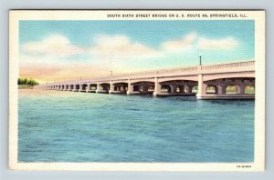 Springfield IL, South Sixth Street Bridge, Route 66, Illinois Linen Postcard 