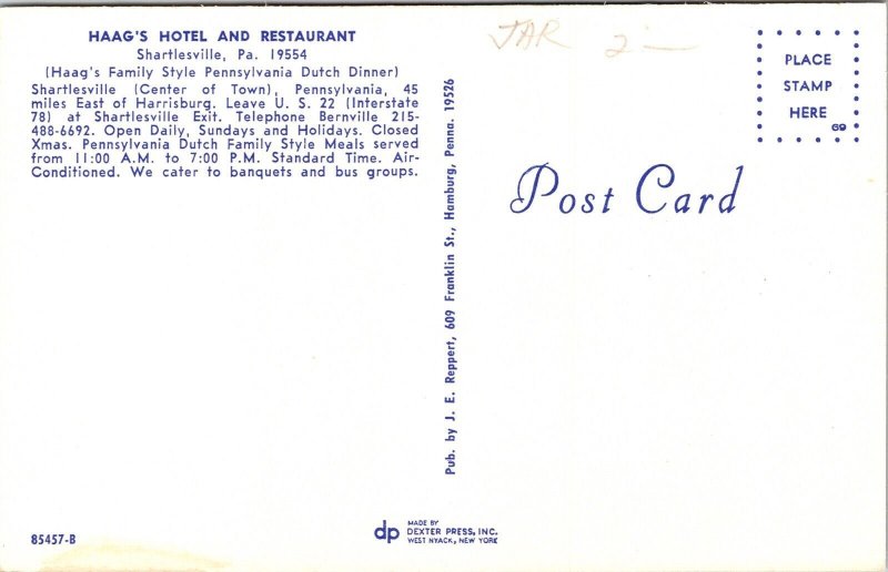 Haags Hotel Restaurant Shartlesville PA Pennsylvania Postcard UNP VTG Dexter 