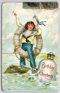 1907 Birthday Greeting Cute Little Boy Holding Letter Envelope Posted Postcard