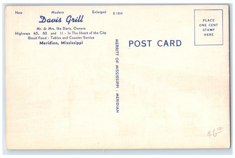 c1950's Davis Grill Highways 45 80 11 Meridian Mississippi MS Postcard