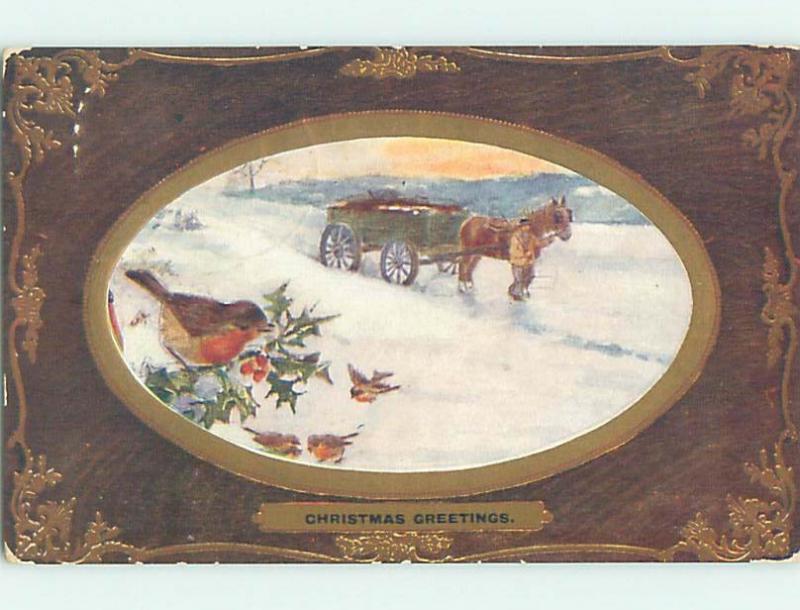 Pre-Linen christmas tuck BIRD WATCHES HORSE PULLING OLD WAGON hk9515