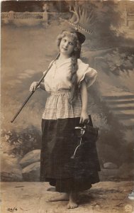 H79/ Interesting Real Photo RPPC Postcard Watering Can Girl c1910 Garden 118