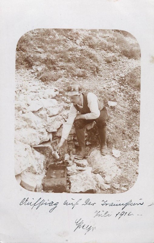 Austria Alpine mountaineer vintage photo postcard water source