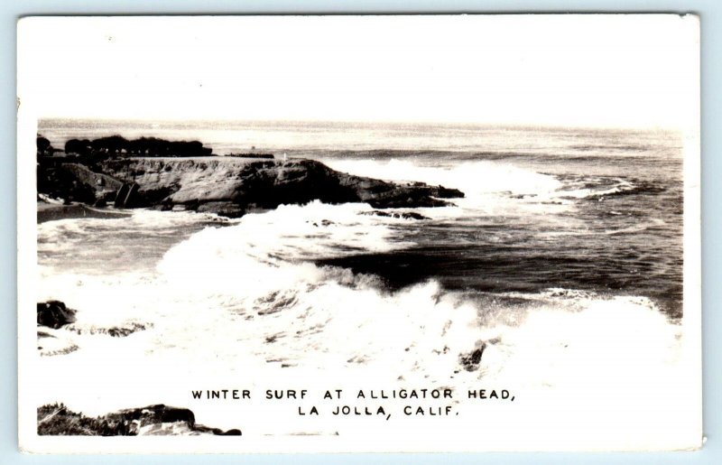 RPPC LA JOLLA, CA ~ Winter Surf ALLIGATOR HEAD c1940s San Diego County Postcard