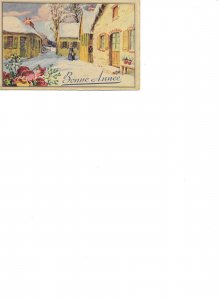 Lady in a village street Old vintage French greetings postcard