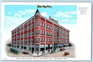 Des Moines Iowa Postcard Hotel Wellington Building Exterior c1920s Antique Cars