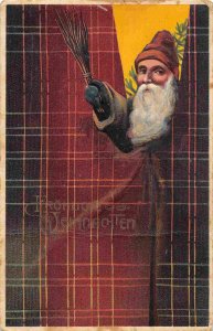 Santa Claus Looking Between Curtains Merry Christmas 1910c postcard