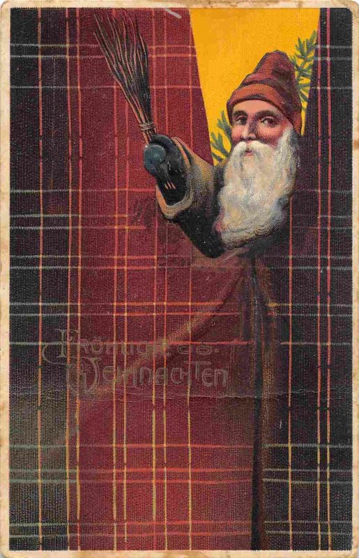 Santa Claus Looking Between Curtains Merry Christmas 1910c postcard