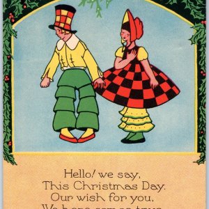 c1930s Cute Dutch Couple Christmas Day Greetings Card Trade Holland Kids Vtg 5A