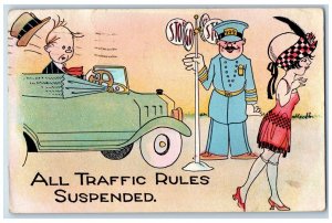 1933 Man Driving Car Woman All Traffic Rules Suspended Policeman Posted Postcard