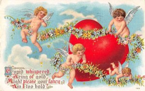 Valentines Greetings Heart Angels Cupid Flower Garland Vintage Postcard AA29988