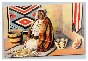 Vintage 1940's Postcard Apache Indian Basket Maker Weaving Adobe Home