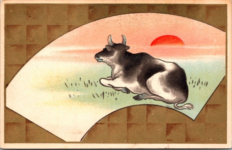 Japanese Artwork Postcard Cow Sitting in a Sunset or Sunrise