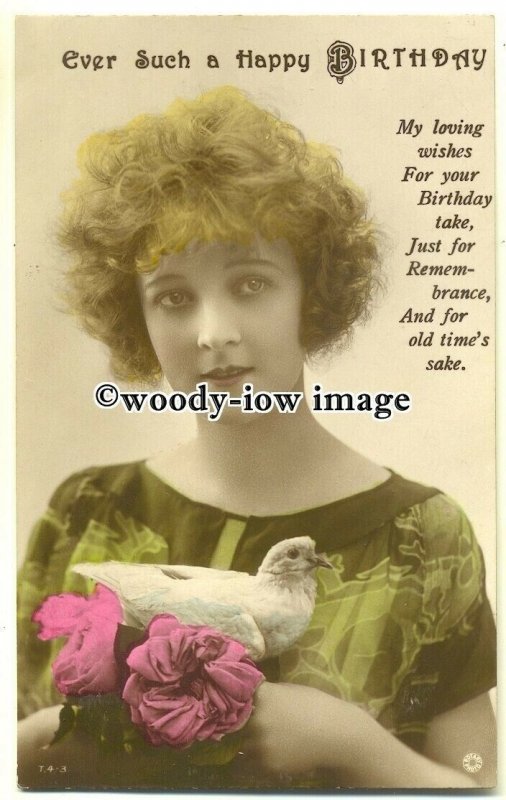 su1925 - Young Woman with White Dove, and Birthday Greeting Poem ...