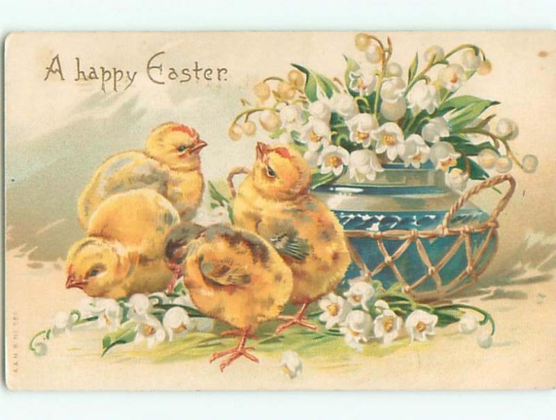 Pre-Linen easter CHICKS BY LILY OF THE VALLEY FLOWERS IN ANTIQUE POTTERY W6971