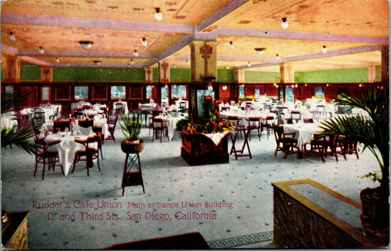 Vtg 1910s Rudder's Cafe Union Main Entrance San Diego California CA Postcard