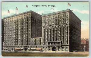 1915 CHICAGO ILLINOIS*CONGRESS HOTEL*AMERICAN FLAGS*OLD CARS*ANTIQUE POSTCARD