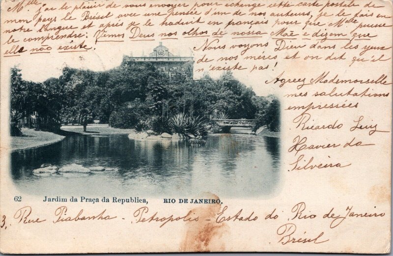 Brazil Rio de Janeiro Jardim da Praca da Republica Vintage Postcard C006