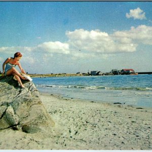 c1950s Hunts Point, NS Postcard Woman Blue Swimsuit Rock Beach Queens County