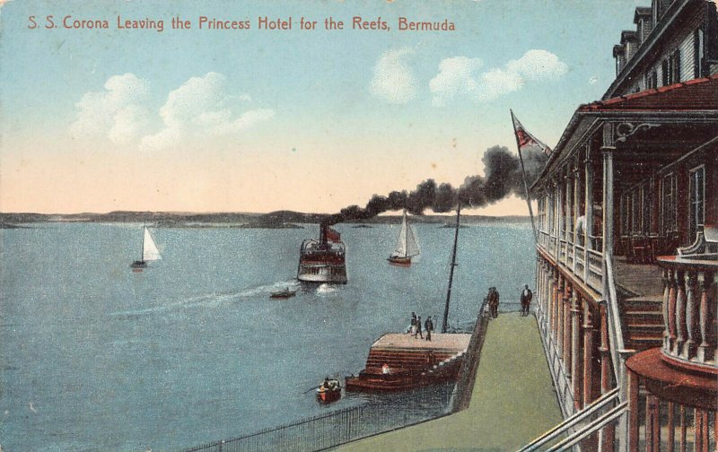 S.S. Corona Leaving the Princess Hotel for the Reefs, Bermuda, Early Postcard