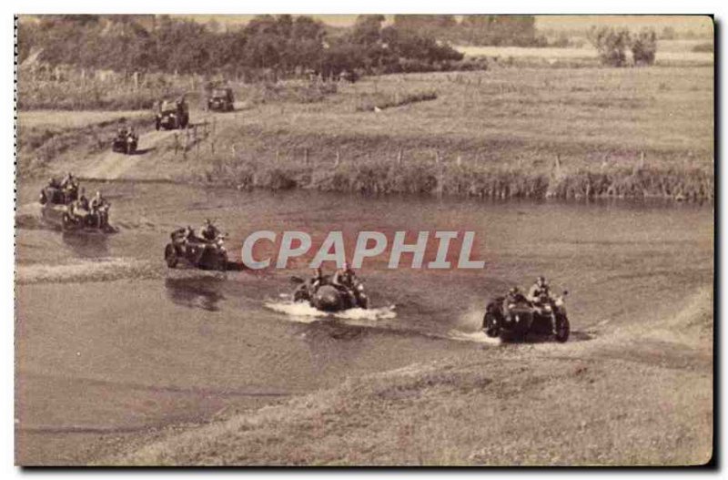 Postcard Old Army Platoon motorcycle passing a gue