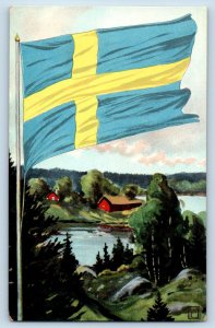 Sweden Postcard Flag Greenery River House Scene Message c1920's Unposted